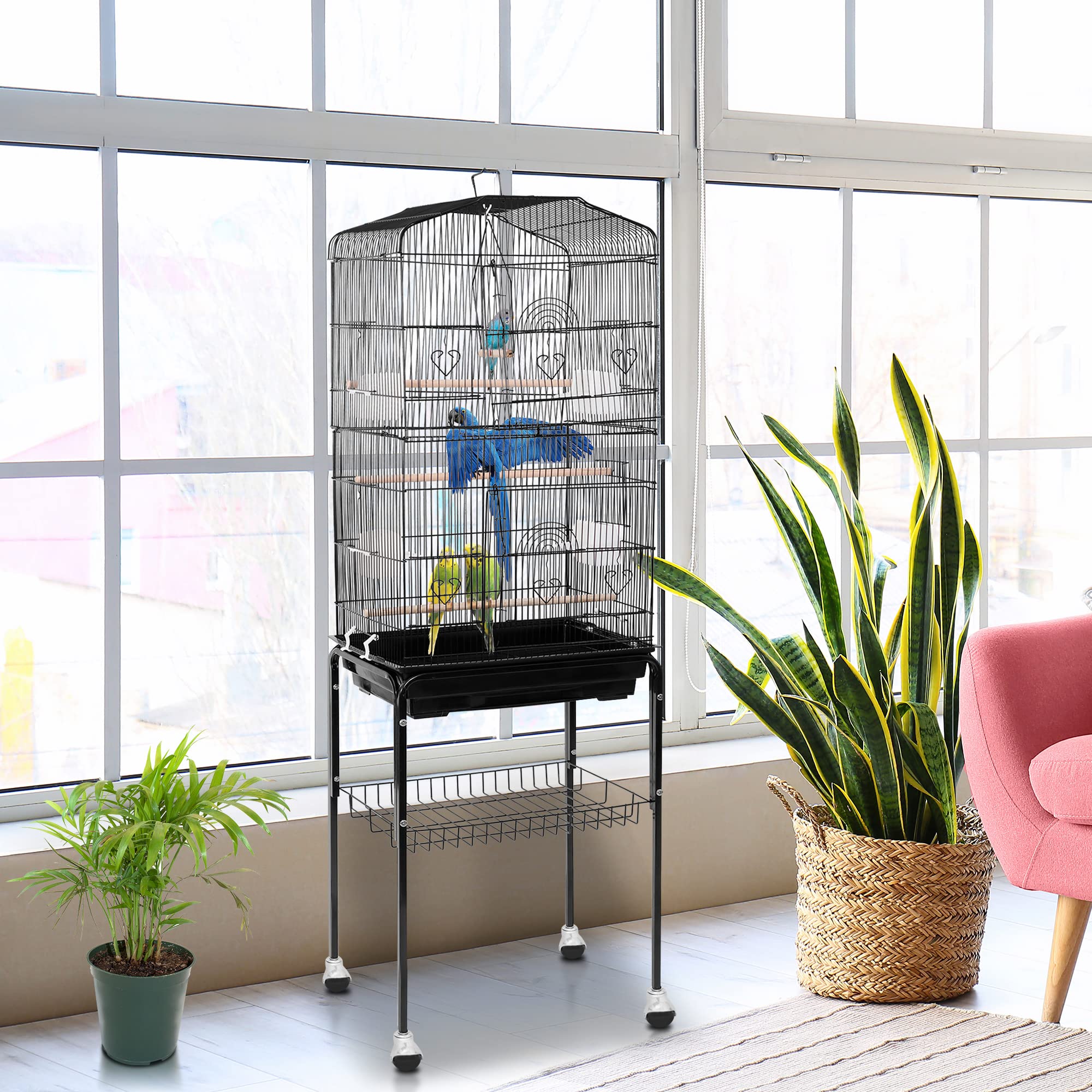 SUPER DEAL 59.3 Rolling Bird Cage Large Wrought Iron Cage for Cockatiel Sun Conure Parakeet Finch Budgie Lovebird Canary Medium